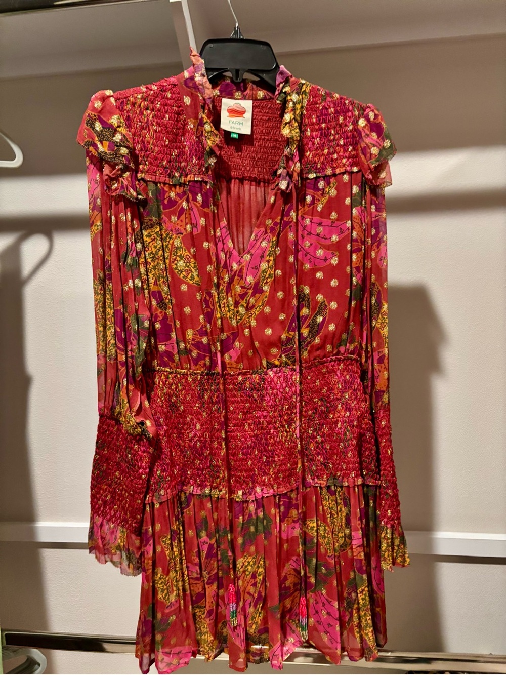 FARM Rio Red and Pink Floral Smocked Mini Dress